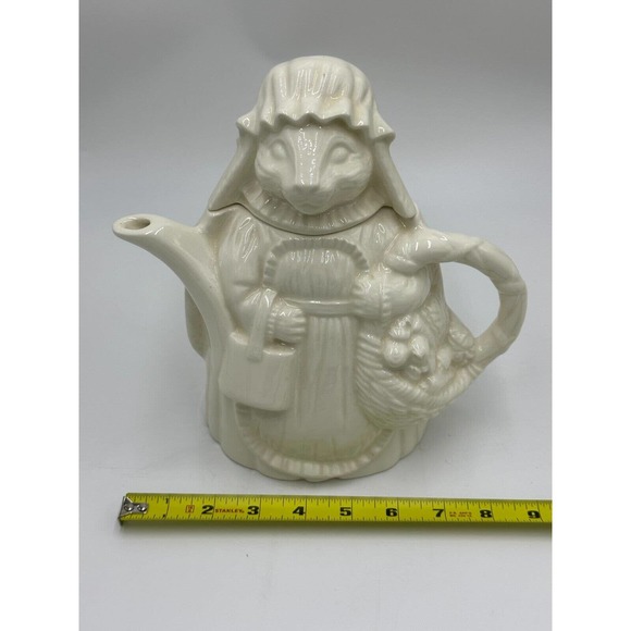 Vtg Bunny Rabbit Teapot White Ceramic Lid 9" Signed Collectible Cottage Core - Picture 8 of 10